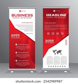 Abstract roll up banner vertical template design with red colour, Vector vertical banner for brochure, business, flyer, modern x-banner and stand, standee for advertising. vector eps 10