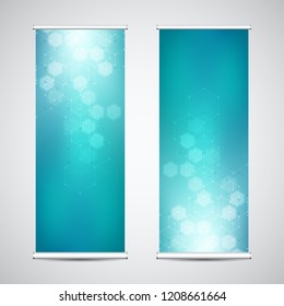 Abstract roll up banners for presentation and publication with hexagons pattern. Medicine, science and digital technology concept