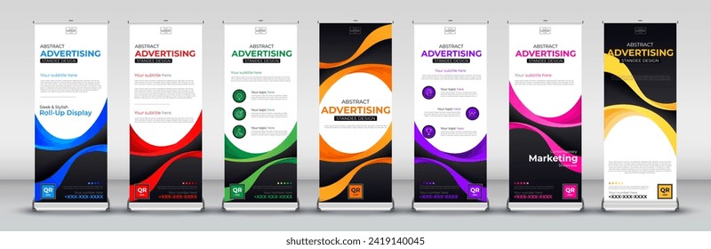 abstract roll up standee banner design set for Streets, events, presentations, meetings, annual events, exhibitions in blue, red, green, orange, purple, pink and yellow