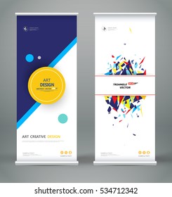 Abstract roll up. Brochure cover design. Creative round text frame font. Title sheet model set. Modern vector front page. Blue, yellow triangle figure icon. Geometric shapes brand flag. Ad flyer fiber