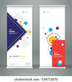 Abstract roll up. Brochure cover design. Creative text frame font. Title sheet model set. Modern vector front page. Blue, yellow, red brand flag. Triangle, round, square figure icon. Ad flyer fiber