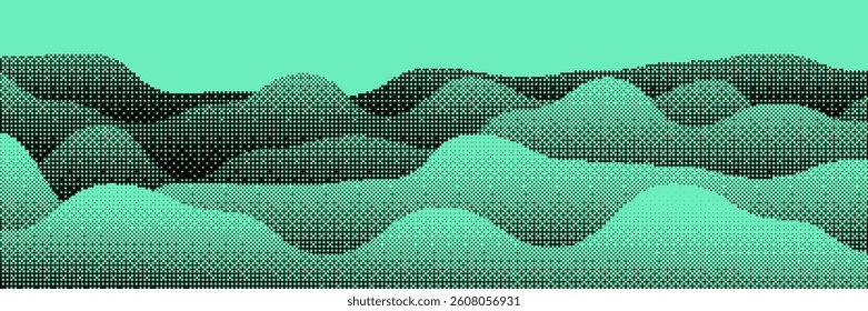 Abstract rolling hills background with wave pattern in halftone gradient with Y2K grange digital effect. Vector green noise grain background with wavy grainy gradation pattern