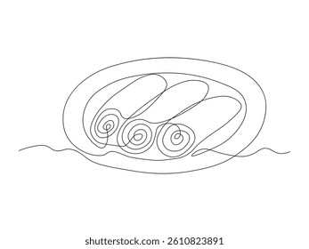 Abstract rolls,pancakes with stuffing on a plate, continuous single one line art hand drawing sketch logo