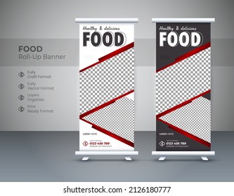 Resumen El diseño de los carteles de Roll-Up es un modelo para el restaurante. Diseño de la lista de alimentos y restaurantes.Ilustración vectorial