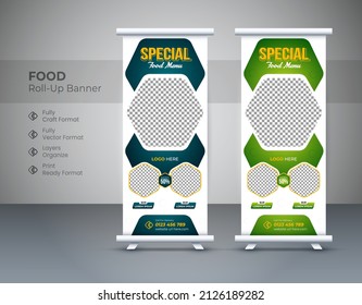 Resumen El diseño de los carteles de Roll-Up es un modelo para el restaurante. planilla de reposición de alimentos, pancarta de refundición de alimentos para Cafe Business. Plantilla de ilustración vertical, vectorial