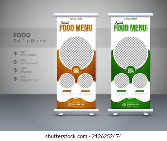 Abstract Roll-up banner design stands template for the restaurant. Food x roll up banner design with two-color. Vector illustration template