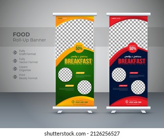 Resumen El diseño de los carteles de Roll-Up es un modelo para el restaurante. diseño de banner para la presentación de alimentos, planilla de banner para el despliegue de alimentos, diseño de banner para la presentación de alimentos x. Plantilla de ilustración de vector