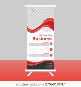 Abstract roll-up banner design template with modern geometric shapes and vibrant colors. Suitable for advertising, presentations, or promotional displays.