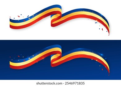 Abstract Romania Flag realistic wavy ribbon with shiny light effect and confetti. Romania Independence Day, national flag for presentations, website, banner, social media