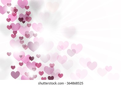 Abstract romantic background with flying hearts, rays and place for your text - vector illustration