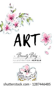 Abstract romantic background with gift box and flowers for beauty blog instagram story. Hand drawn vector watercolor elements.
