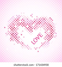 Abstract romantic background with heart and love. Vector illustration for Valentine's day. Enchanting picture for your lovely design. Pink and red colors. Pixel mosaic. Bright, simple and cheerful.