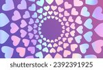 Abstract romantic background with hearts in a circle increasing from the center to the edges. Vector concentric pattern. Gradient blue, pink, purple holographic background for valentine's day.