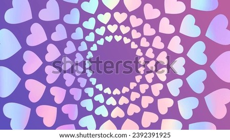 Abstract romantic background with hearts in a circle increasing from the center to the edges. Vector concentric pattern. Gradient blue, pink, purple holographic background for valentine's day.