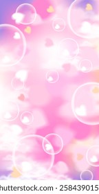 Abstract romantic background in pastel pink and purple hues. Features floating bubbles and heart-shaped lights, creating a dreamy and soft atmosphere. Perfect for Valentine s Day, love themes, social