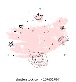 Abstract romantic background witn hand drawn doodle blush pink rose flower on vintage worn pastel colored texture. Artistic print for wedding, invitation, birthday, gift paper, broshure, greeting card