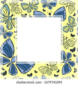 Abstract romantic border with butterfly. Vector illustration. Design for photo frame, poster or home decor.