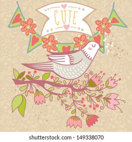 Abstract romantic card in cute colors. Bright background with bird, blossom branch and ribbon. Freedom concept wallpaper.