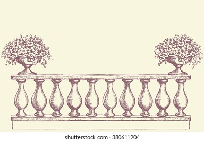 Abstract romantic classic outdoor elegant carving newel bannister with bloom petunia in old bowl on luxury patio. Vector freehand ink drawn sketch backdrop in art antiquity scribble style pen on paper