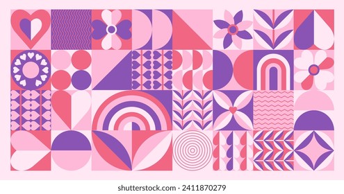 Abstract romantic composition of geometric tiles, abstract drawings with heart and plant symbols, retro wallpaper for Lover's Day celebration and decoration, banner, poster. Vector illustration.