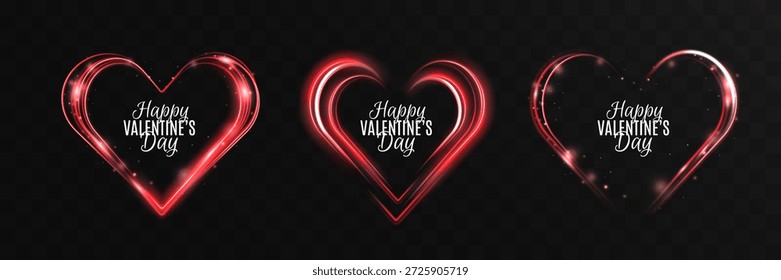 Abstract romantic composition with neon red and blue hearts made of light trails, swirling rings, sparkles and energy waves. Futuristic love symbol, magic light vortex, luminous garland frame for Valentine’s Day, wedding design, greeting cards, banners, posters and social media templates. Isolated glowing heart, romantic light swirl, luxury holiday decoration effect.