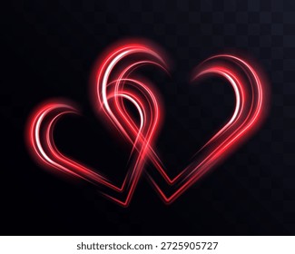 Composição romântica abstrata com corações vermelhos e azuis de néon feitos de trilhas leves, anéis giratórios, brilhos e ondas de energia. Símbolo de amor futurista, vórtice de luz mágica, moldura de grinalda luminosa para o Dia dos Namorados, design de casamento, cartões de saudação, banners, cartazes e modelos de mídias sociais. Coração brilhante isolado, redemoinho de luz romântico, efeito de decoração de férias de luxo.