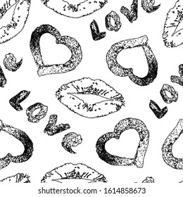Abstract romantic concept. Grunge background. Brush stroke texture. Seamless pattern. Hand drawn lettering, heart, lips prints. Design with vector symbols love grunge style for gift wrapper, cosmetics