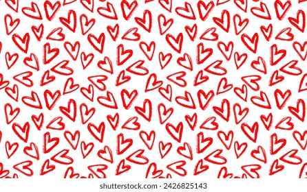 Abstract Romantic Doodle Print. Simple Seamless Vector Pattern Made of Hand Drawn Red Hearts isolated on a White Background. Trendy Childish Drawing-like Hearts. Valentine's Day Endless Design. RGB.