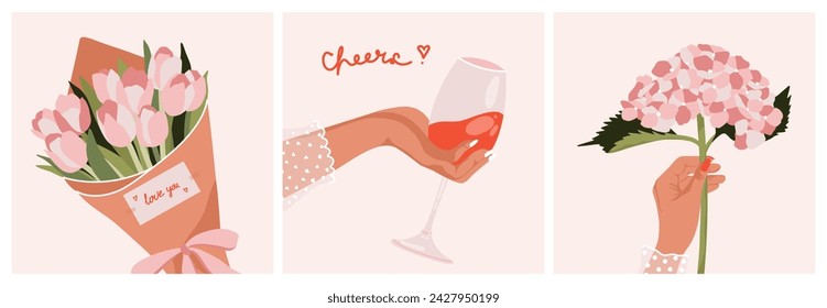 Postales de saludo romántico abstracto. Ramos planos de tulipanes, mano con copa de vino, rama de hortensias. Concepto de celebración floral. Conjunto de moda vectorial