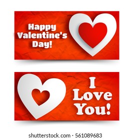Abstract romantic horizontal banners with greeting text and white hearts on red crumpled paper isolated vector illustration