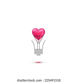 Abstract romantic icons. Heart in a light bulb imagination