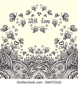 Abstract romantic landscape with hearts  roses  butterflies in decorative  style for relax coloring page or for adult  coloring book black on white or for creative  Post Card