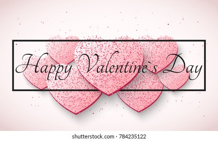 Abstract romantic light background for Valentines day. Light pink hearts from glitters. Luxury card for Valentines day. Black banner with text. Vector illustration.