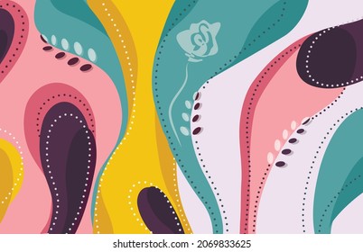 Abstract, romantic pattern with flowers, leaves, figures from dots. a hand-drawn template in a minimalist style. modern wallpaper from the shape. for packaging, banner, print, your ideas. vector art 
