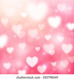 Antecedentes rosas abstractos con corazones y luces de bokeh. Papel tapiz del día de San Valentín. Fondo blando borroso. Ilustración vectorial. EPS10