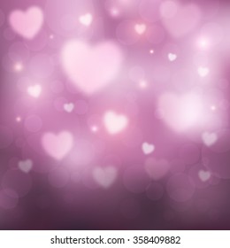 Abstract romantic pink background with hearts and bokeh lights. St.Valentine's day wallpaper. Blurred soft backdrop. Vector illustration. EPS10