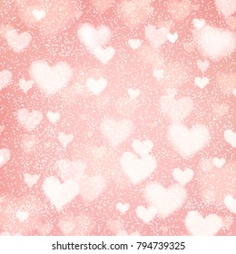 Abstract romantic pink background with hearts and bokeh lights. St. Valentine's day wallpaper. Blurred glow soft backdrop. Vector illustration.