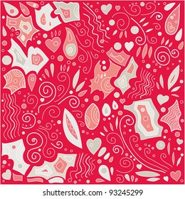 abstract romantic red background with floral pattern, hearts which looks like mosaic