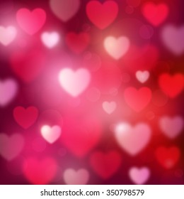 Abstract romantic red background with hearts and bokeh lights. St.Valentine's day wallpaper. Blurred soft backdrop. Vector illustration. EPS10