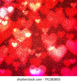 Abstract romantic red background with hearts and bokeh lights. St. Valentine's day wallpaper. Blurred glow soft backdrop. Vector illustration.