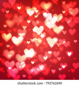 Abstract romantic red background with hearts and bokeh lights. St. Valentine's day wallpaper. Blurred glow soft backdrop. Vector illustration.