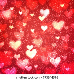 Abstract romantic red background with hearts and bokeh lights. St. Valentine's day wallpaper. Blurred glow soft backdrop. Vector illustration.
