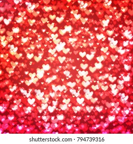 Abstract romantic red background with hearts and bokeh lights. St. Valentine's day wallpaper. Blurred glow soft backdrop. Vector illustration.