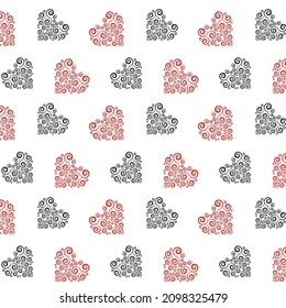 Abstraktes romantisches, rotes und schwarzes Hintergrundmuster mit Blumentherzen. Tapete-Auswahlvalentine, Hochzeitsdekor auf transparentem Hintergrund.