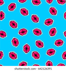 Abstract romantic repeated girlish elements woman kissing lips comics, cartoon pop art style. Vector background colored illustration. Textile, wrapping paper, bed linen.