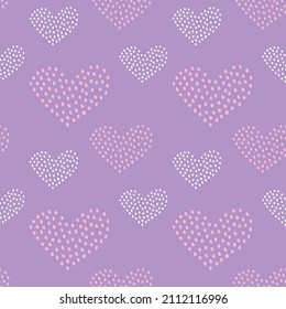 Abstract romantic seamless pattern with tender hearts on light lilac background. Hand drawn white dots in heart shapes for girlish textile products design, womenswear. Cute round handwritten specks.