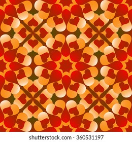Abstract romantic Valentine's seamless pattern with flowers of red and orange gradient heart shapes on red and green gradient  background