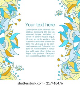 Abstract romantic vector background with space for your text. Seamless beautiful cartoon border with flowers, leaves and dragonfly
