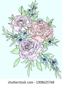 Abstract romantic vector background with three roses watercolor, green leaves on green background