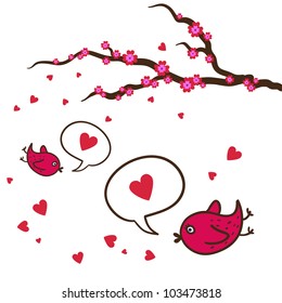 Abstract romantic vector floral background with sakura branch with birds